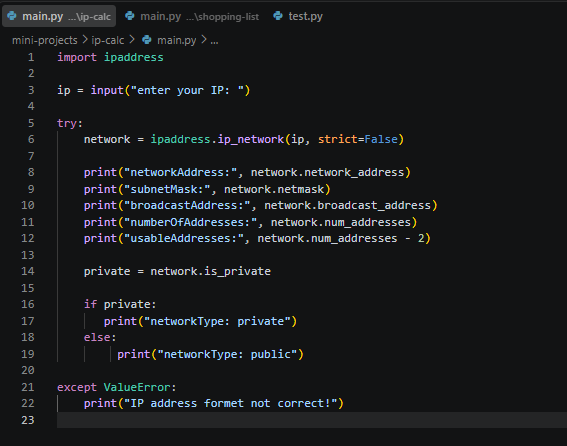 VS Code showing the Python IP calculator source code