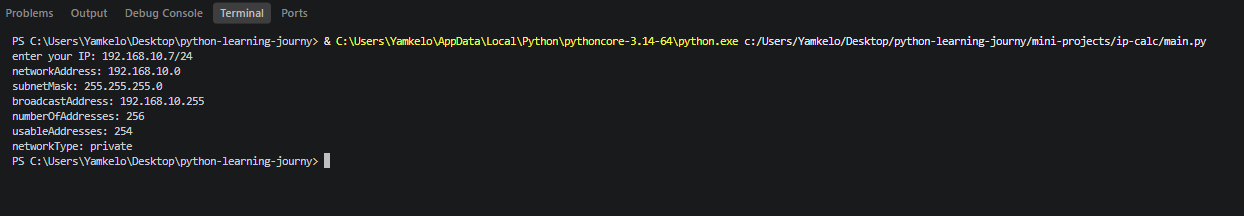 Terminal output from the Python IP calculator showing network details